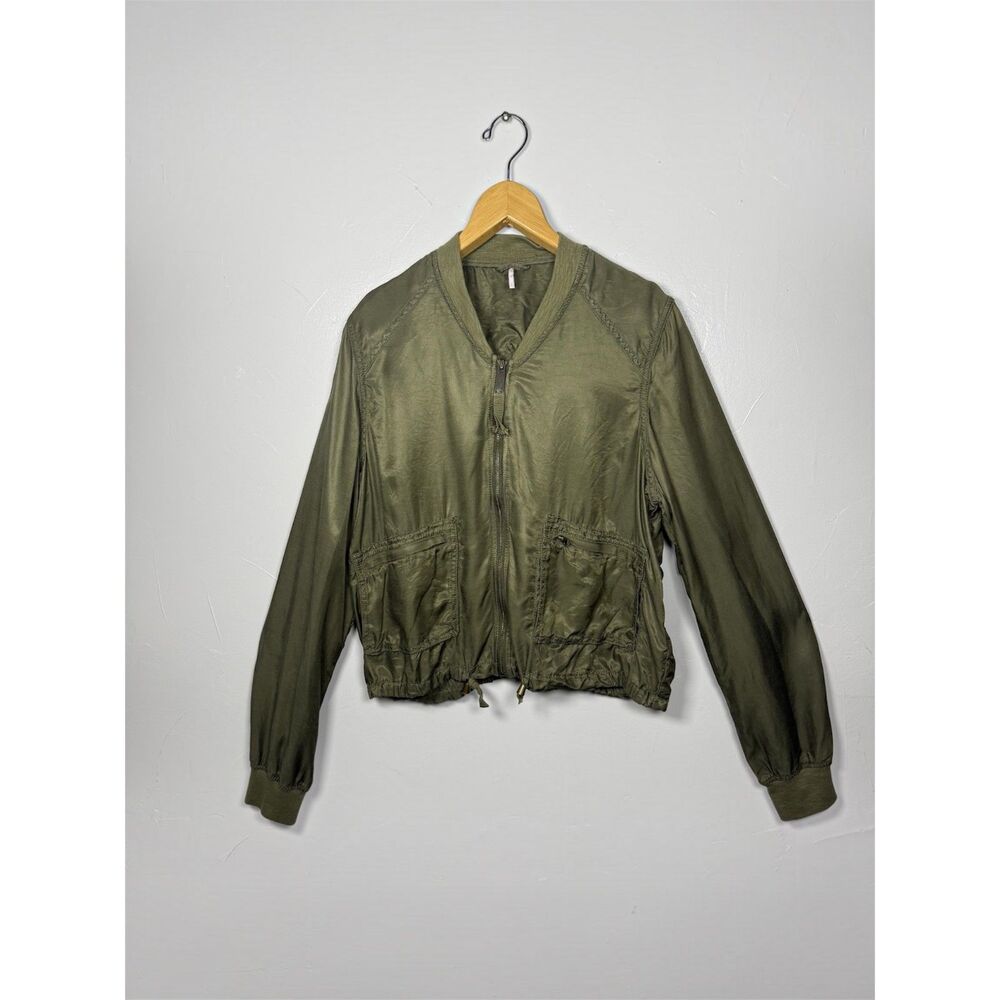 Free People Satin Bomber Utility Jacket Full Zip Green Size Large Military